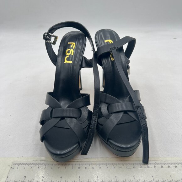FSJ Black Stylish High Heel Strappy Sandals Open Toe Ankle Strap Platform Shoes - Picture 3 of 8